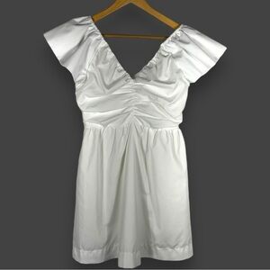 Ces Femme Flutter Sleeve Double V Neck Ruched Mini Dress, White, Size Medium